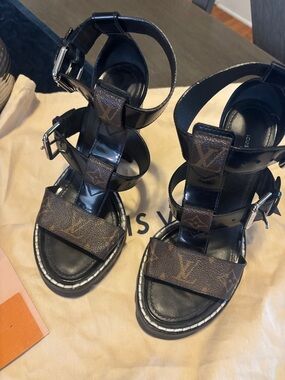 Louis Vuitton Black Leather Sandals with Brown Monogram Straps